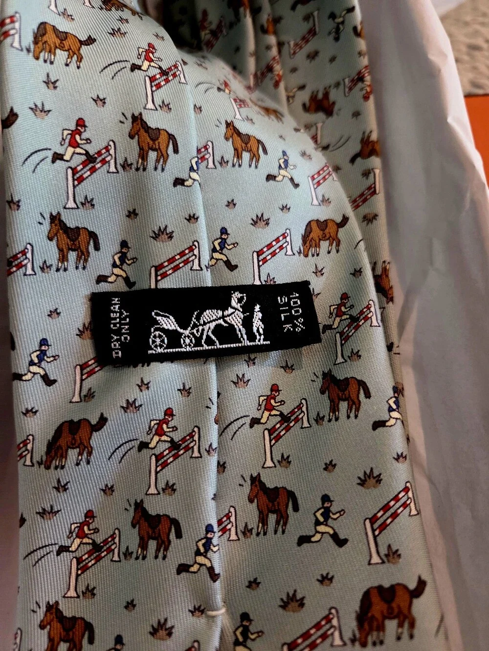 Hermes Light Blue Equestrian Print Silk Tie